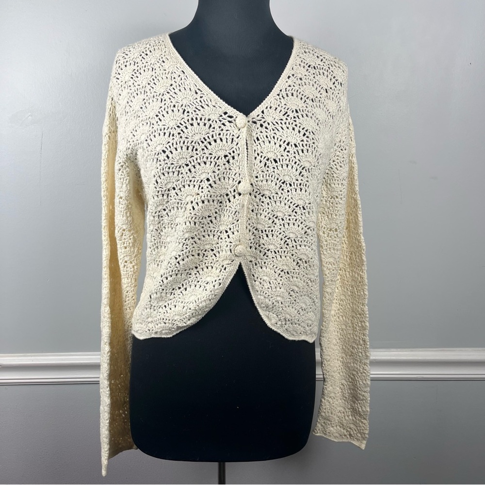 Vintage Jay Jacobs cream crochet knit button front cardigan size large